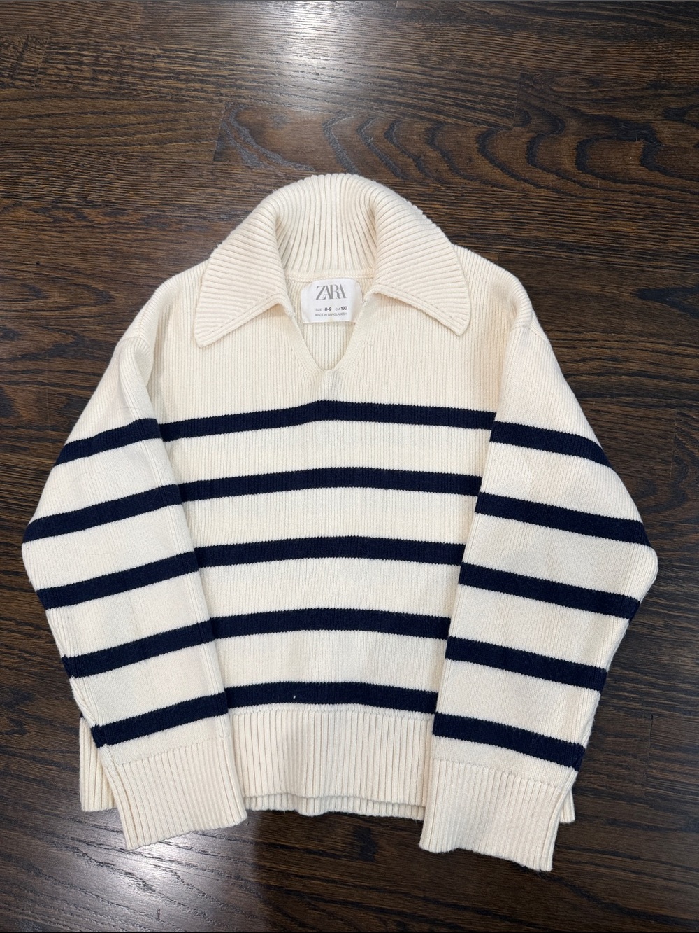 ZARA Kids Cream Sweater with Navy Horizontal Stripes V‑Neck Collar